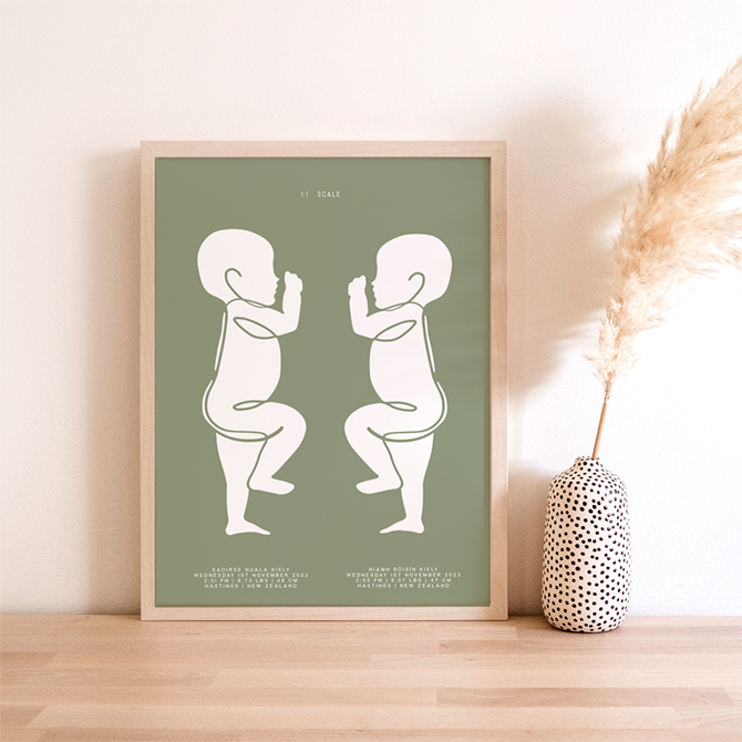 1:1 Scale Sophisticated Twin Birth Details Keepsake Print