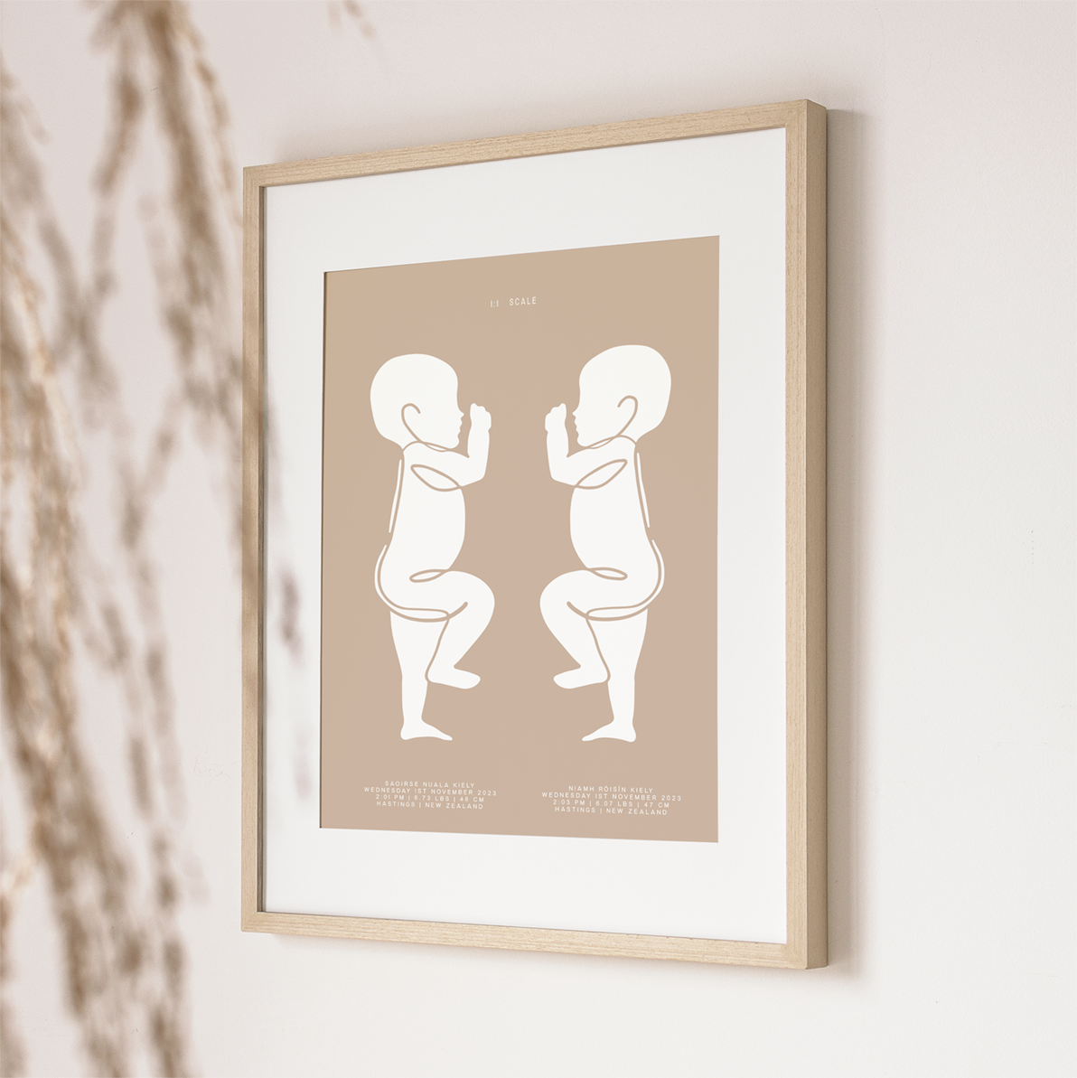 1:1 Scale Sophisticated Twin Birth Details Keepsake Print