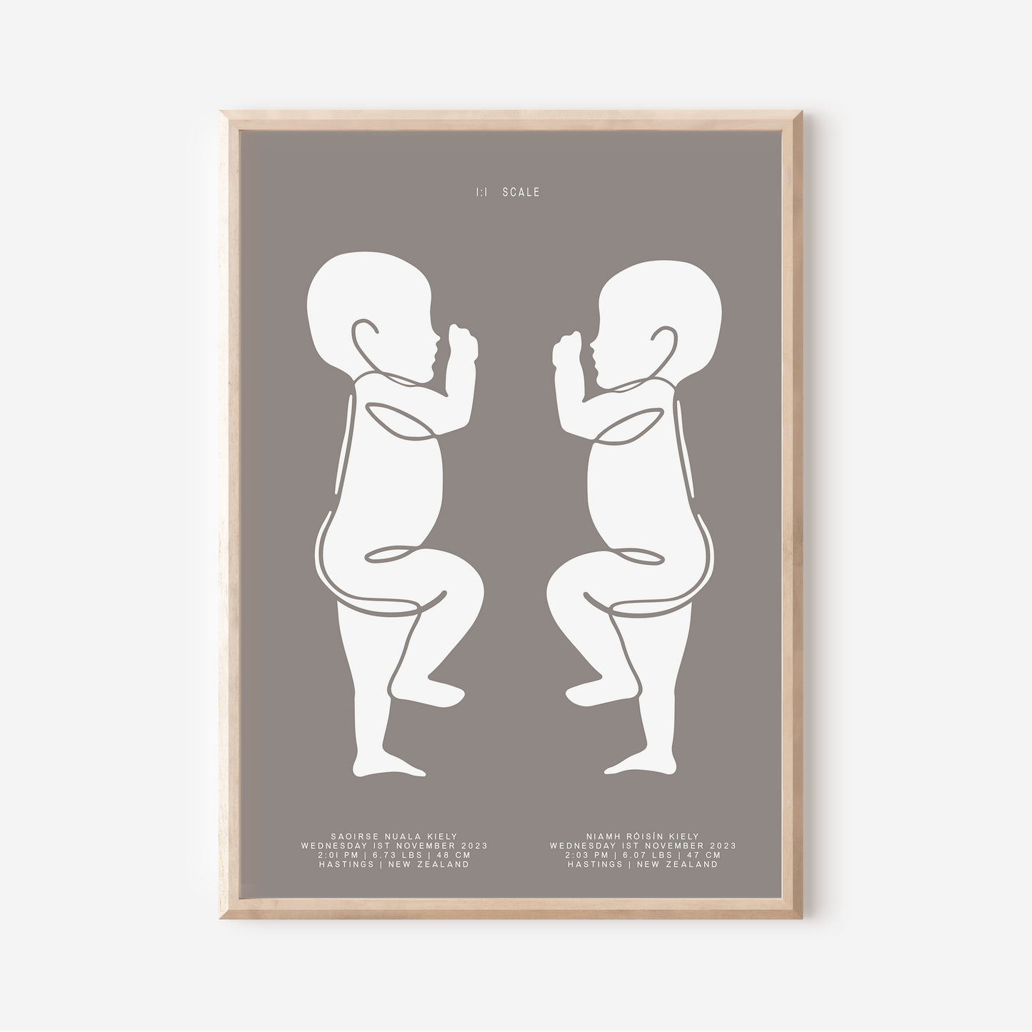 1:1 Scale Sophisticated Twin Birth Details Keepsake Print