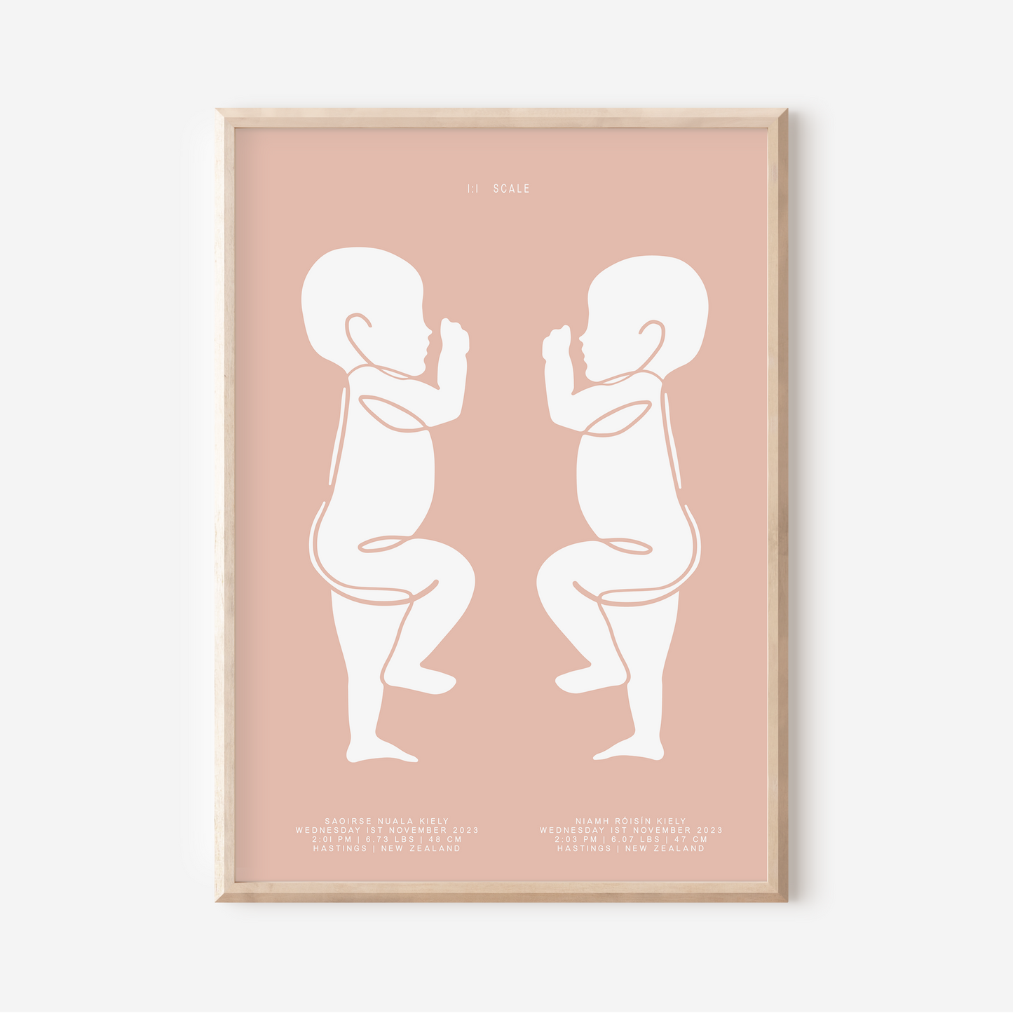 1:1 Scale Sophisticated Twin Birth Details Keepsake Print