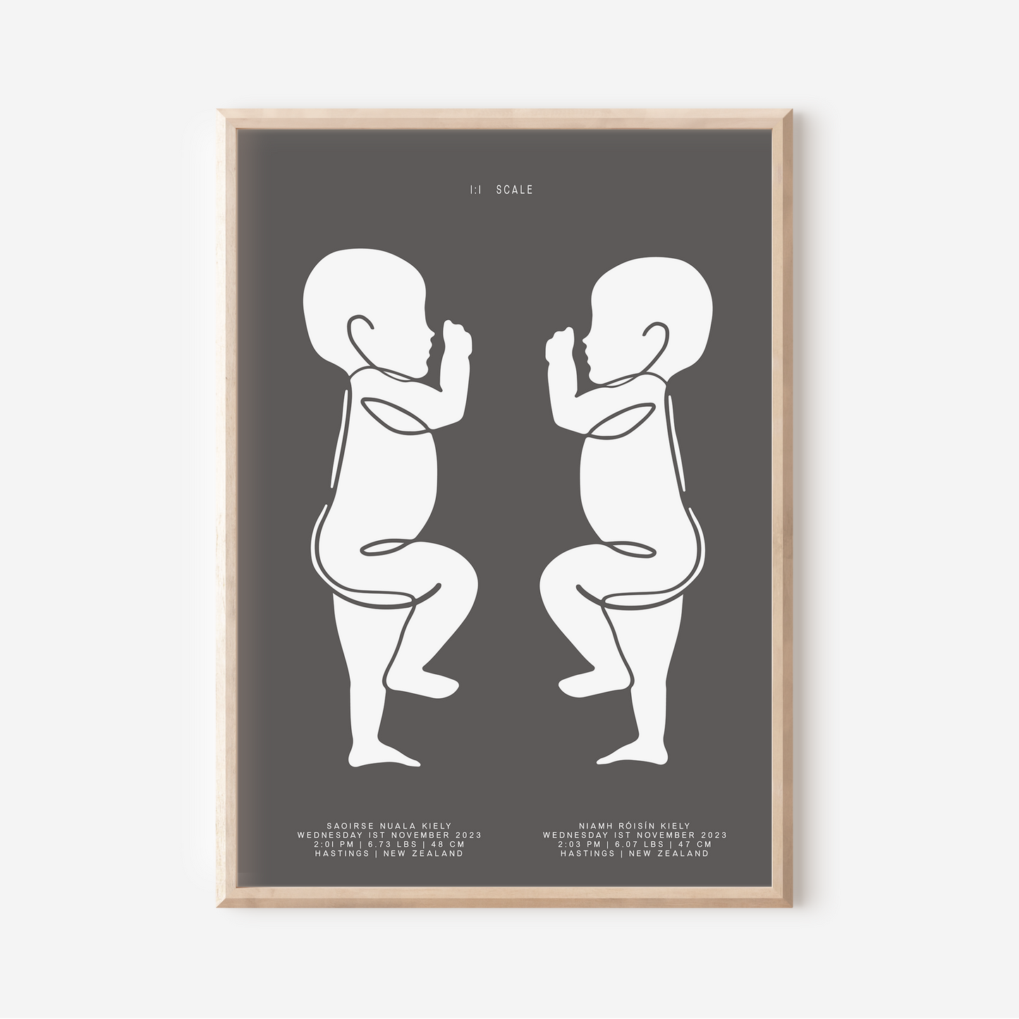 1:1 Scale Sophisticated Twin Birth Details Keepsake Print