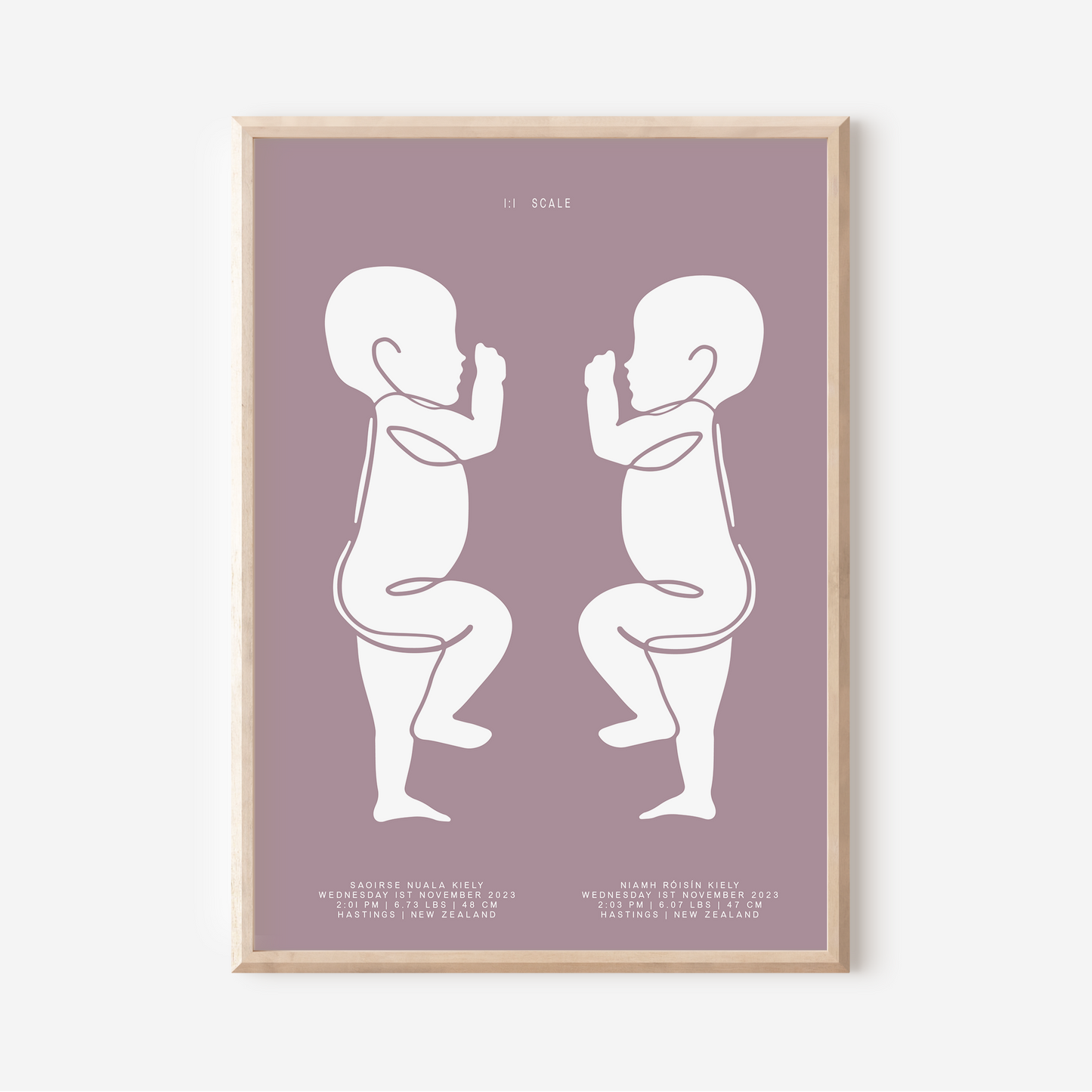 1:1 Scale Sophisticated Twin Birth Details Keepsake Print