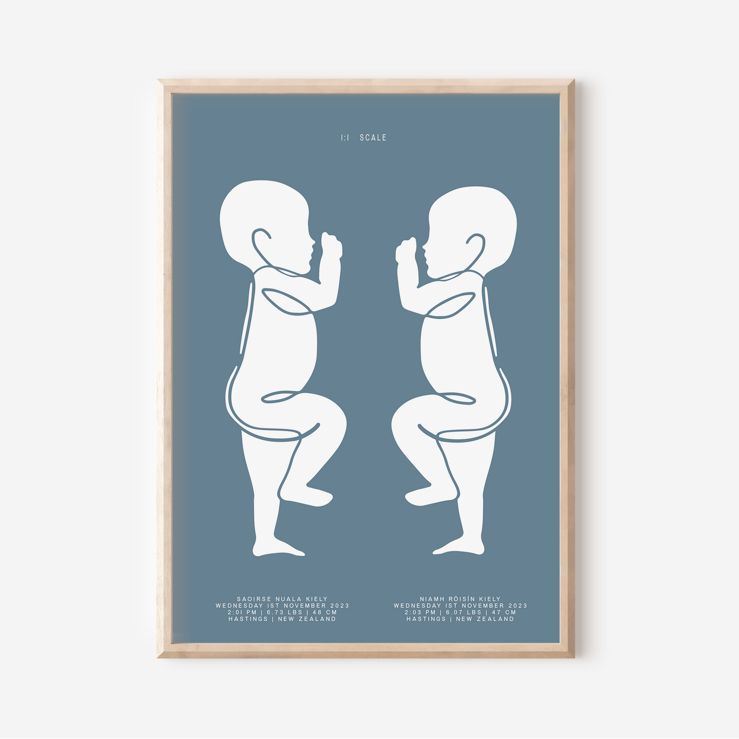 1:1 Scale Sophisticated Twin Birth Details Keepsake Print