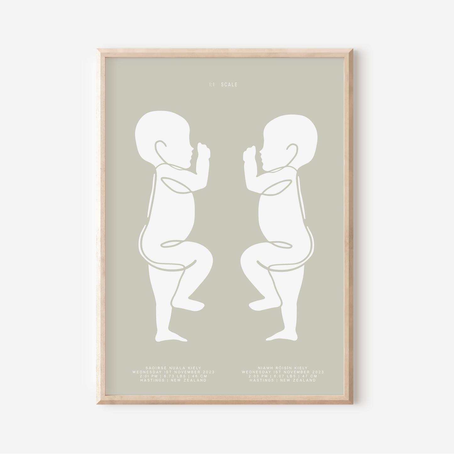 1:1 Scale Sophisticated Twin Birth Details Keepsake Print