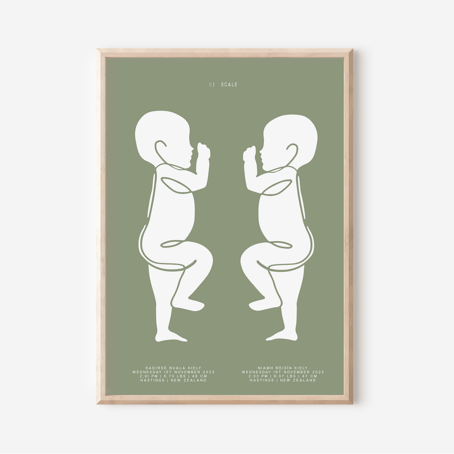 1:1 Scale Sophisticated Twin Birth Details Keepsake Print