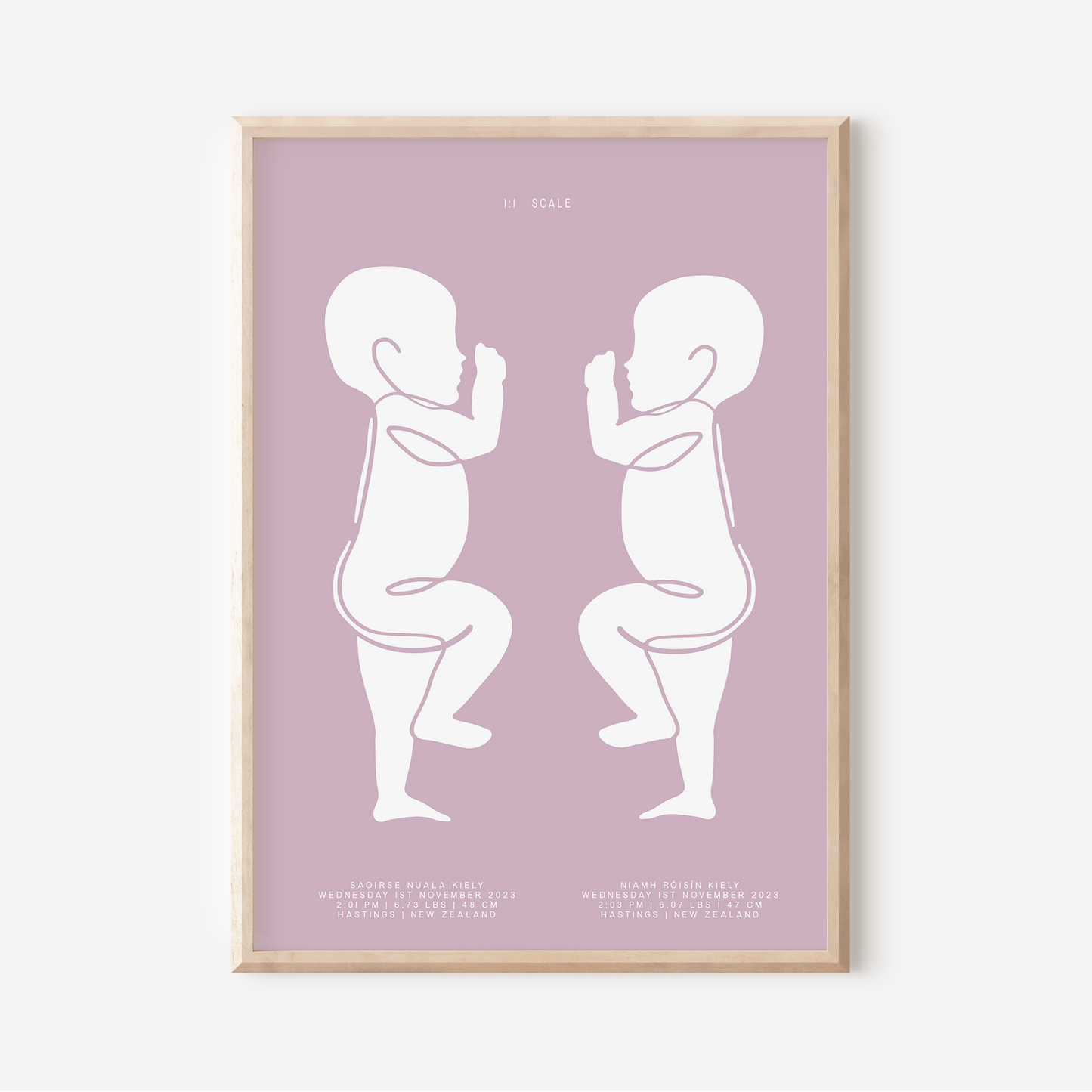 1:1 Scale Sophisticated Twin Birth Details Keepsake Print