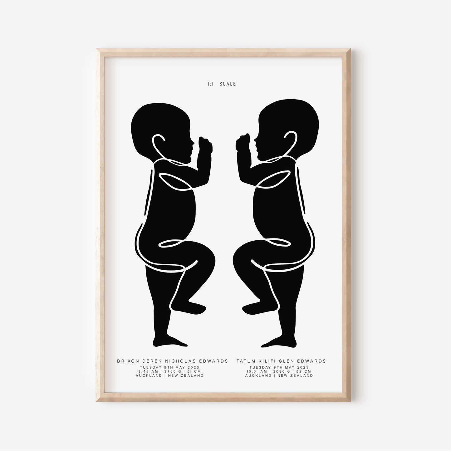 1:1 Scale Sophisticated Twin Birth Details Keepsake Print