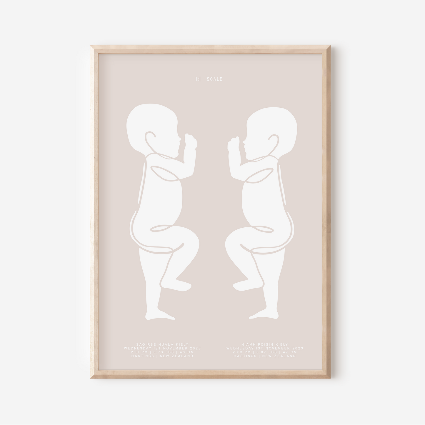 1:1 Scale Sophisticated Twin Birth Details Keepsake Print