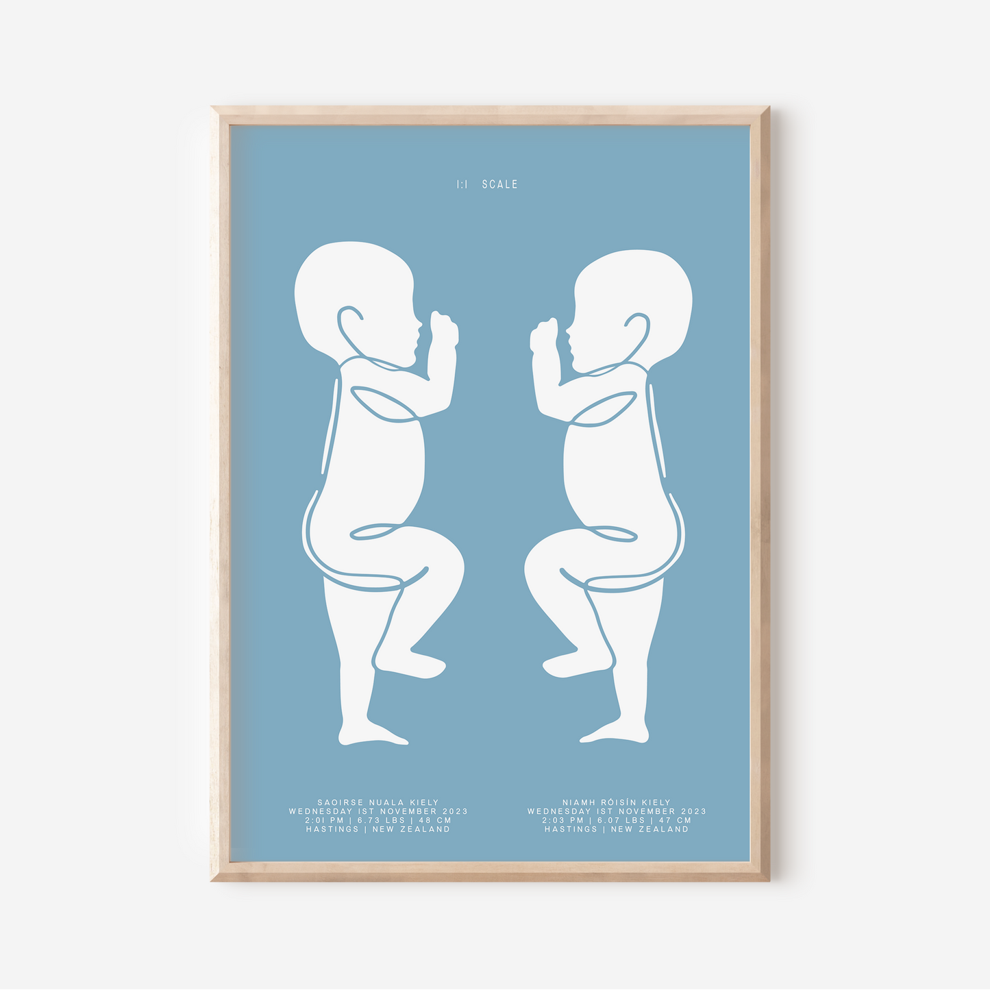 1:1 Scale Sophisticated Twin Birth Details Keepsake Print