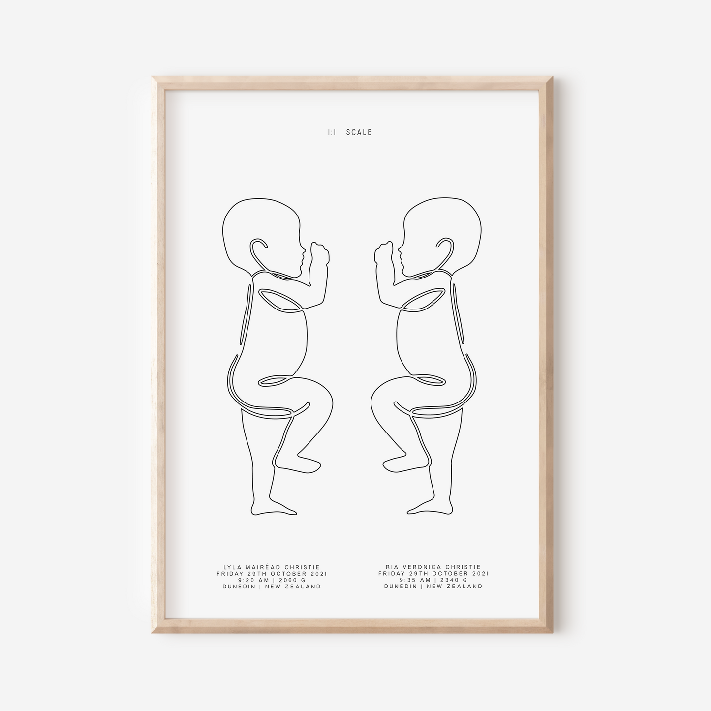 1:1 Scale Sophisticated Twin Birth Details Keepsake Print