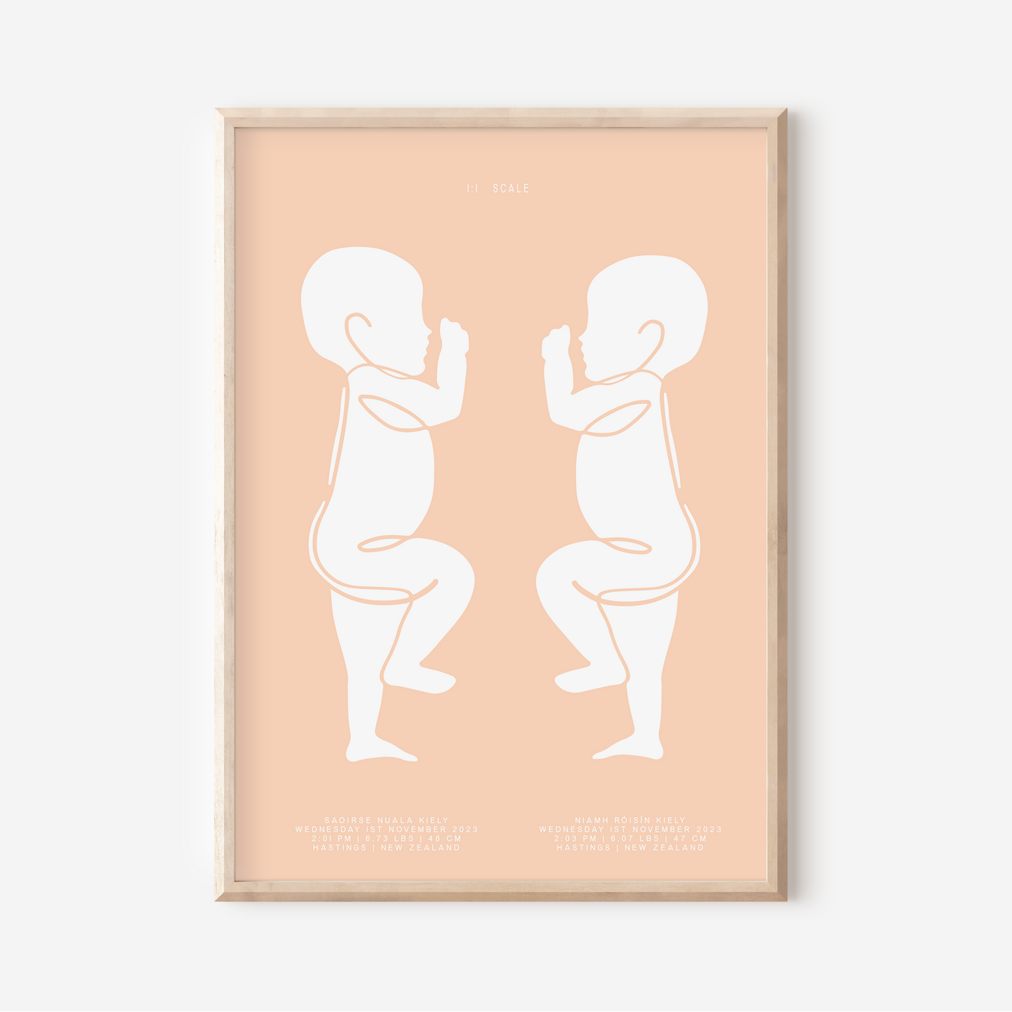 1:1 Scale Sophisticated Twin Birth Details Keepsake Print