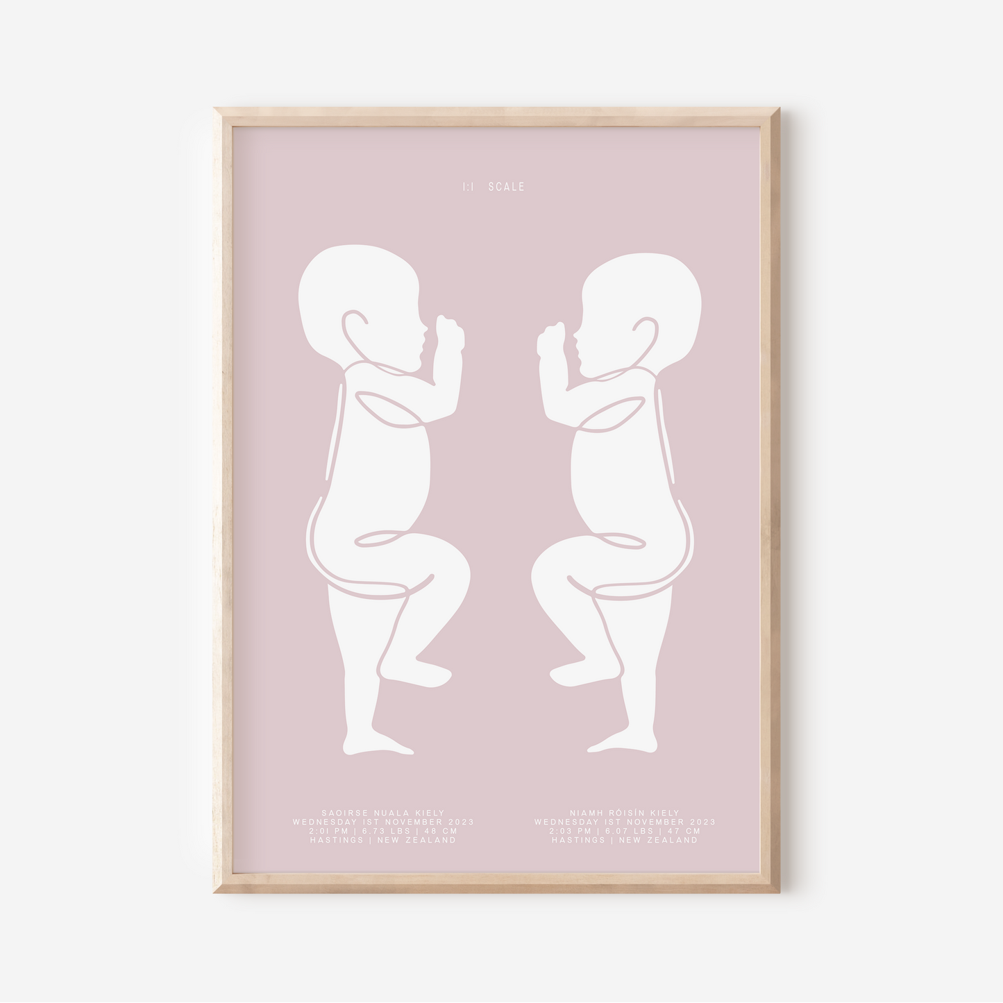 1:1 Scale Sophisticated Twin Birth Details Keepsake Print