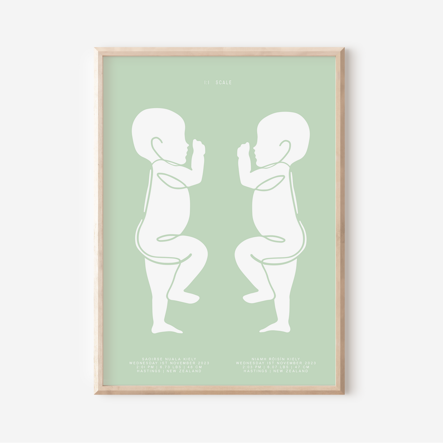 1:1 Scale Sophisticated Twin Birth Details Keepsake Print