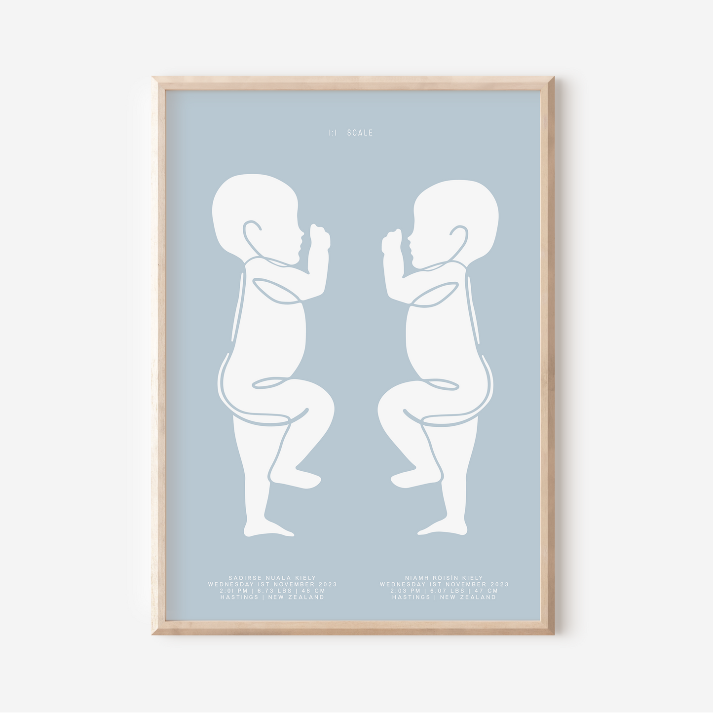 1:1 Scale Sophisticated Twin Birth Details Keepsake Print