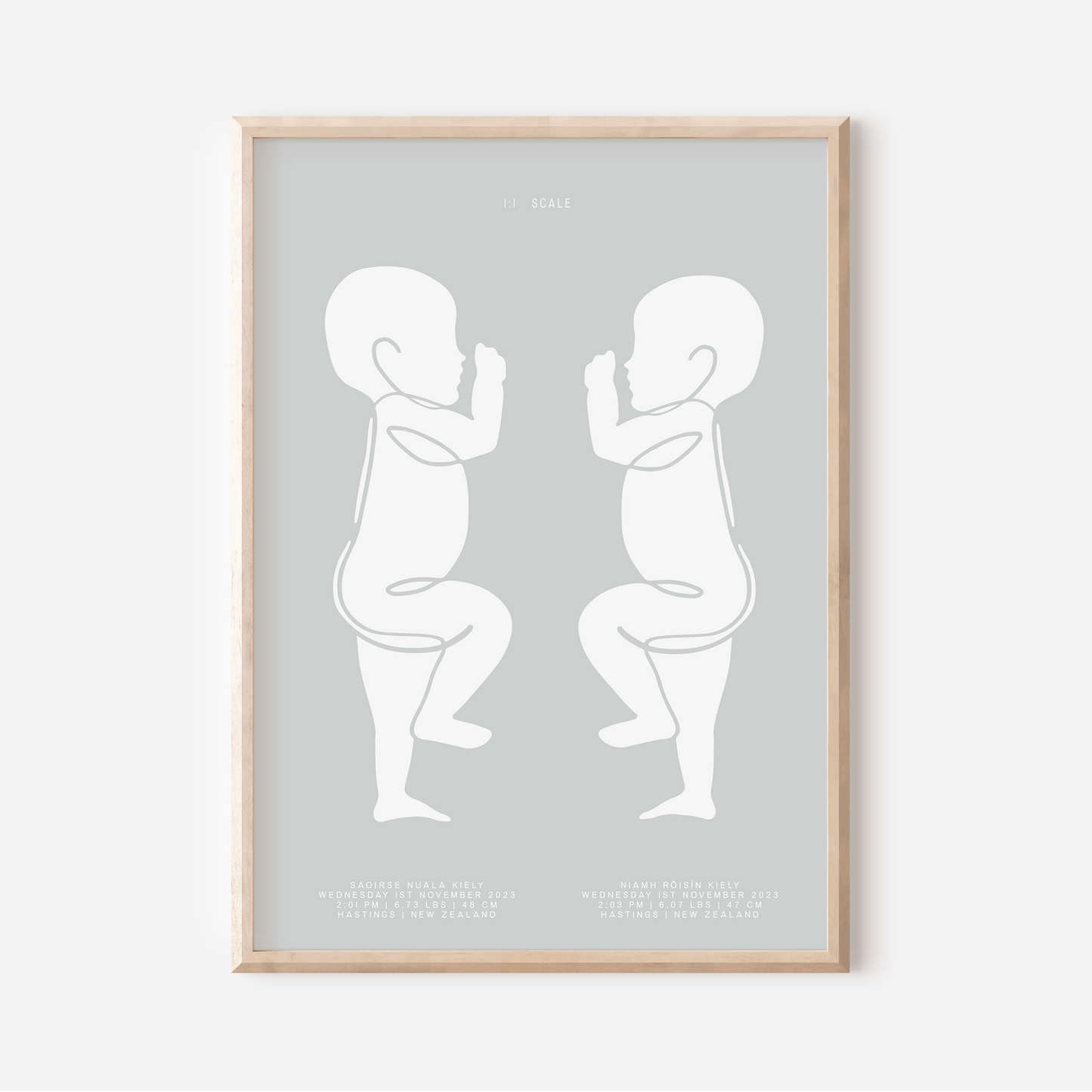 1:1 Scale Sophisticated Twin Birth Details Keepsake Print