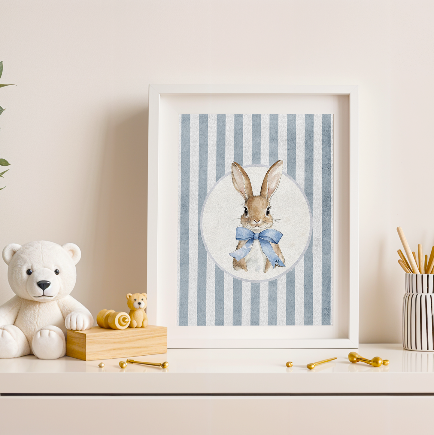 Blue Stripe Bunny | Art Print