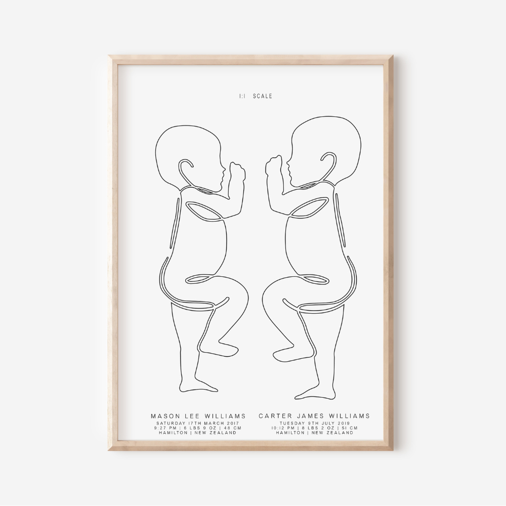 1:1 Scale Sophisticated Twin Birth Details Keepsake Print